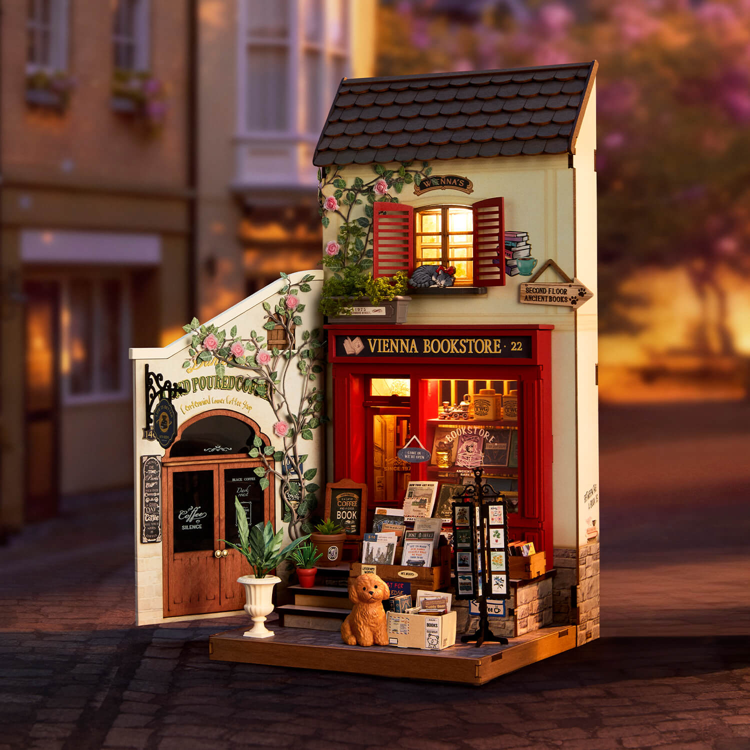 Librería Rolife Viena DG183 Librería en miniatura en una cálida escena nocturna