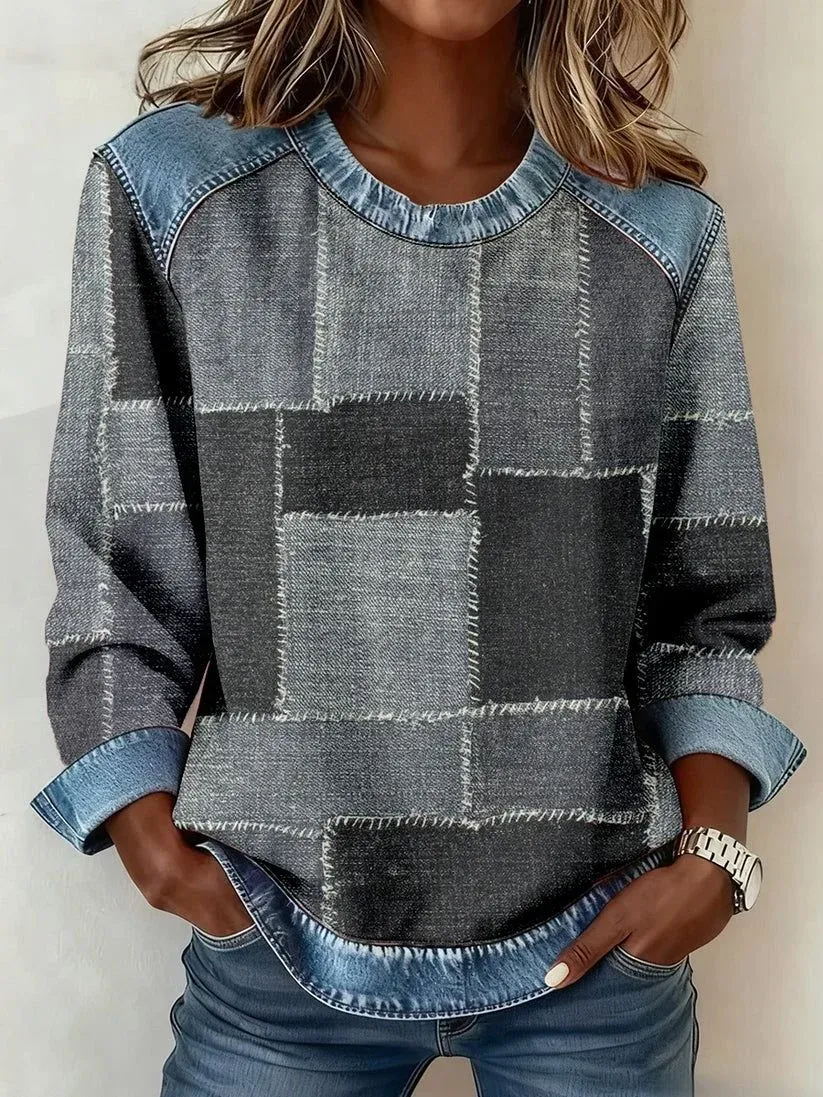 Women Abstract Crew Neck Printing Vintage Spring/Fall Long Sleeve Sweatshirt