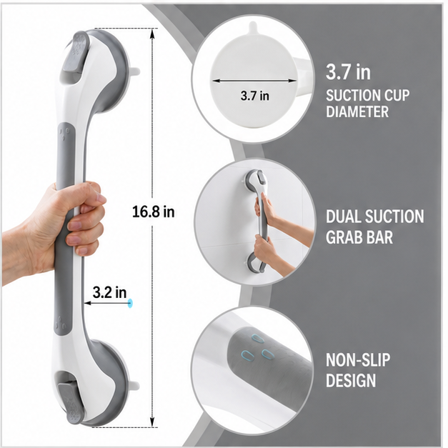 Suction Shower Grab Bar-Extra Stability in Seconds—Without Drilling or Damaging Your Bathroom Walls.