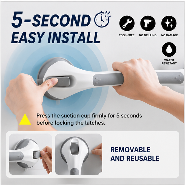 Suction Shower Grab Bar-Extra Stability in Seconds—Without Drilling or Damaging Your Bathroom Walls.