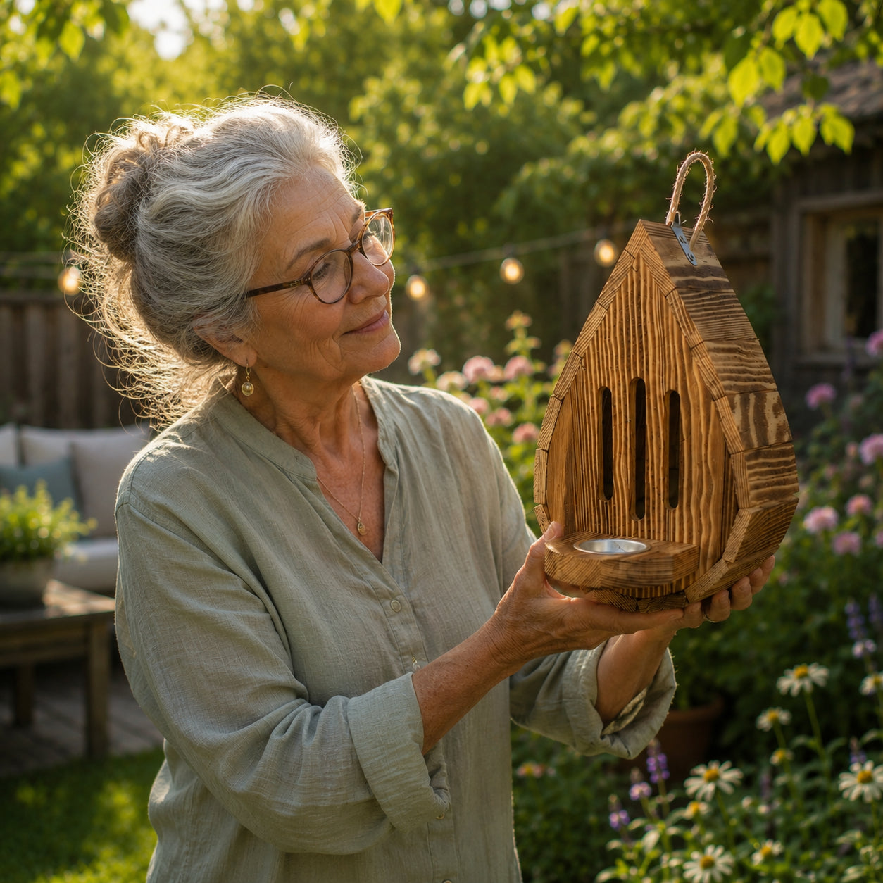 Teardrop- shaped butterfly house made from  wood