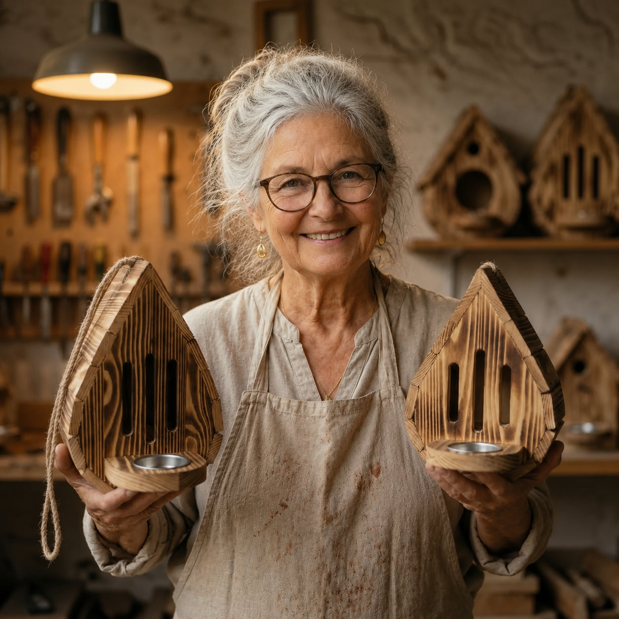 Teardrop- shaped butterfly house made from  wood
