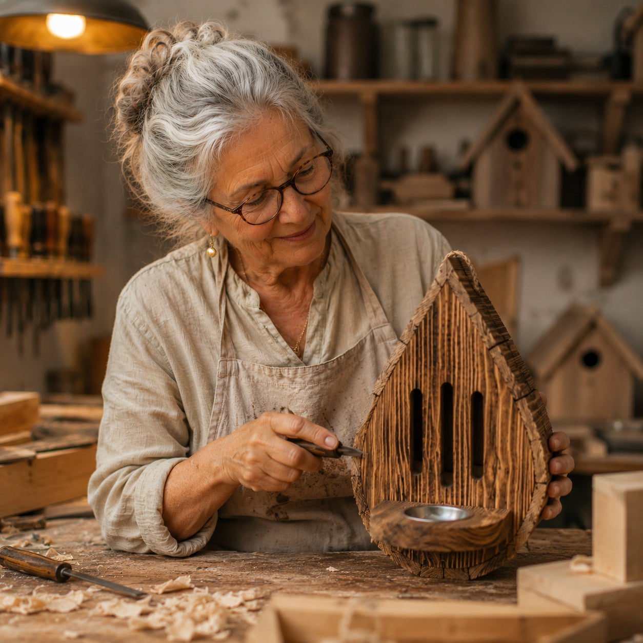 Teardrop- shaped butterfly house made from  wood
