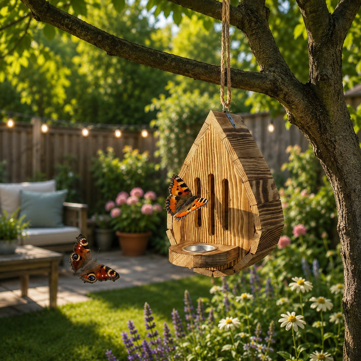 Teardrop- shaped butterfly house made from  wood