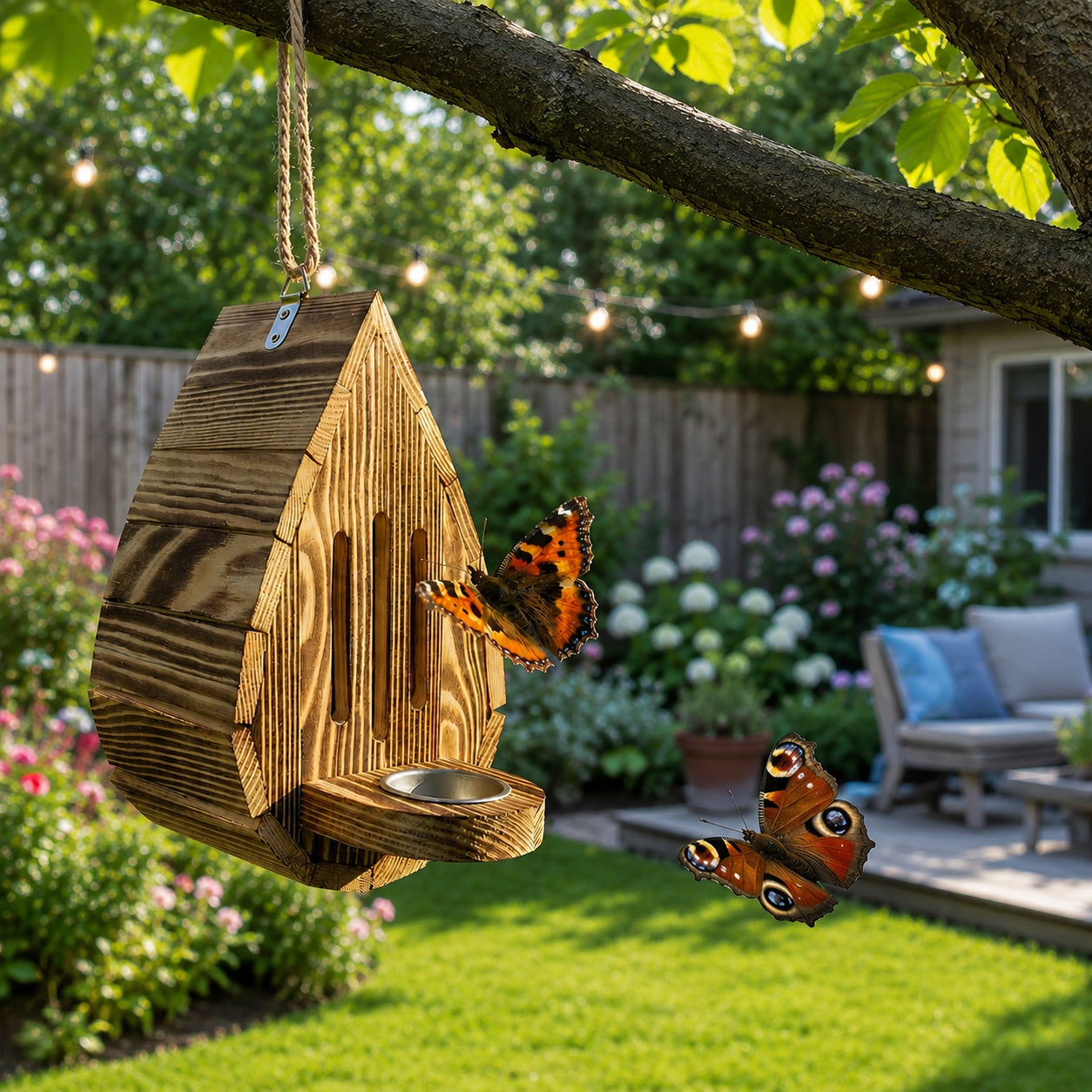 Teardrop- shaped butterfly house made from  wood