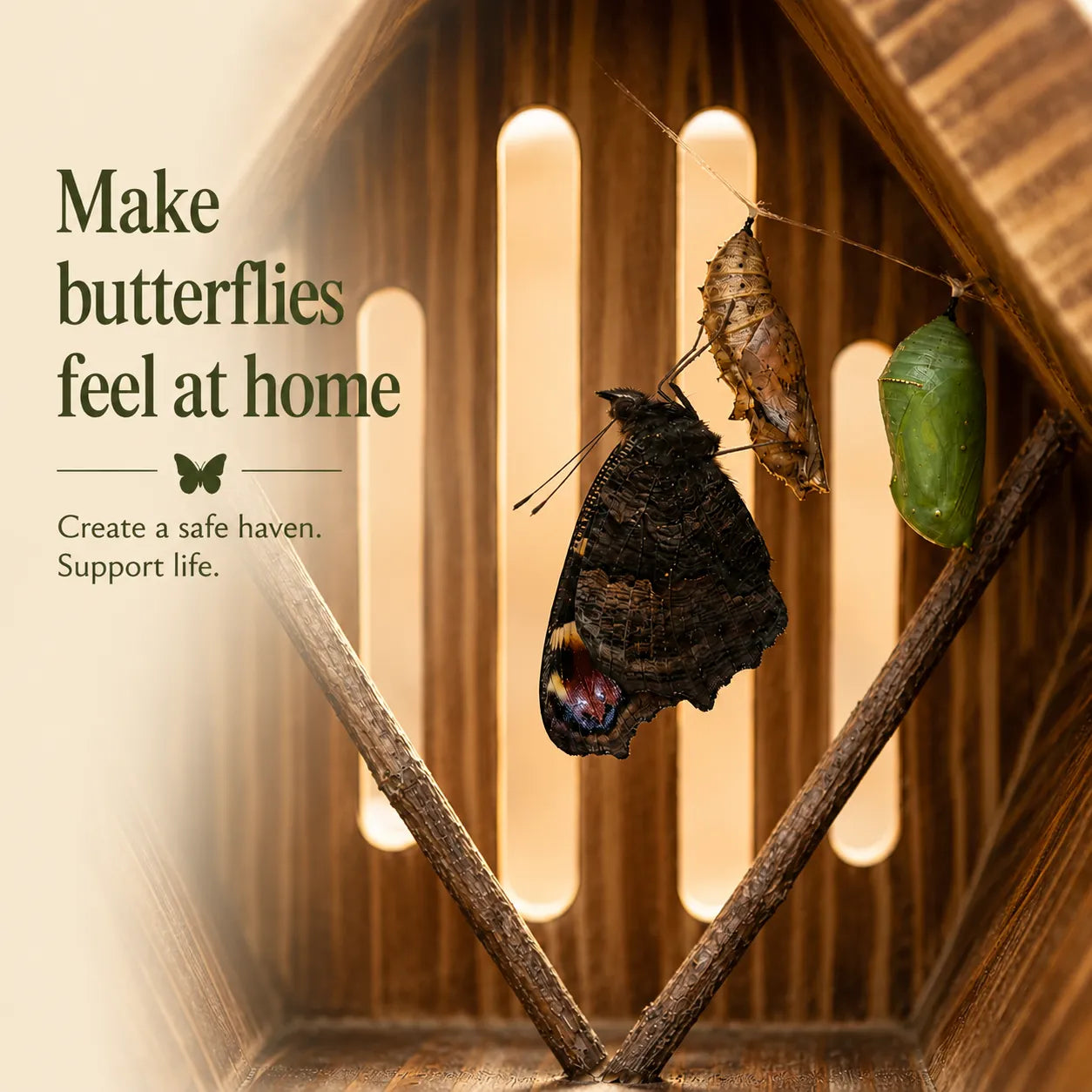 Teardrop- shaped butterfly house made from  wood