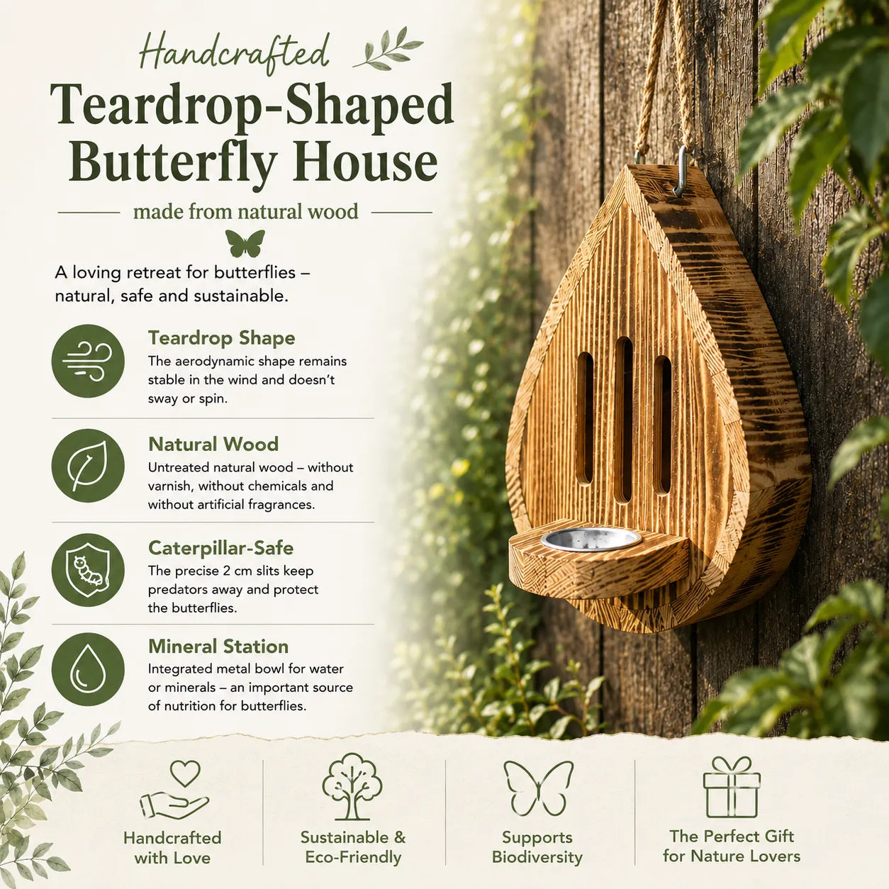 Teardrop- shaped butterfly house made from  wood
