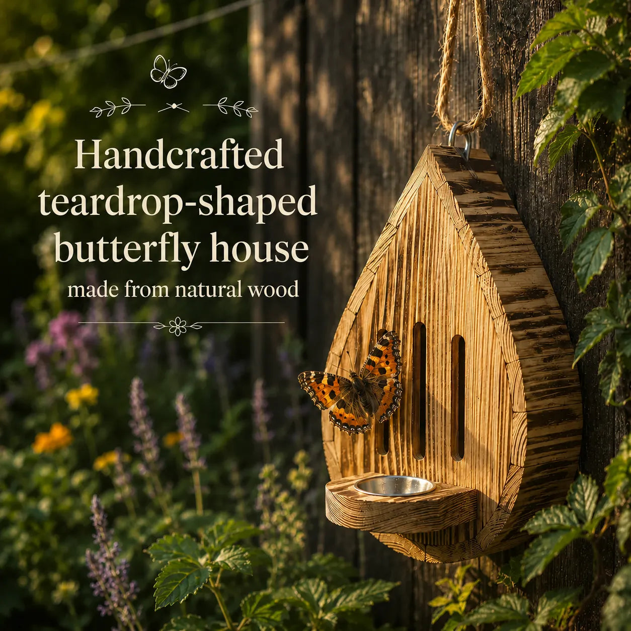 Teardrop- shaped butterfly house made from  wood