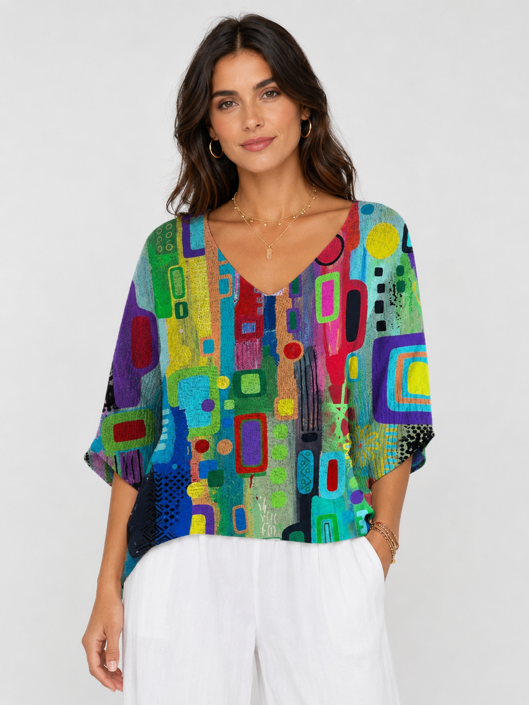 Women's Casual Abstract Print V-Neck 3/4 Sleeve Loose Fit Top