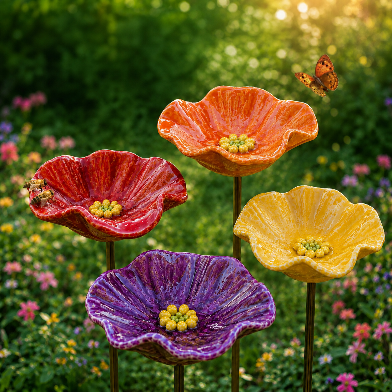 🔥Limited offer 50% OFF-Beautiful Garden Flowers Ceramic Bee Water Stations | Set of 4