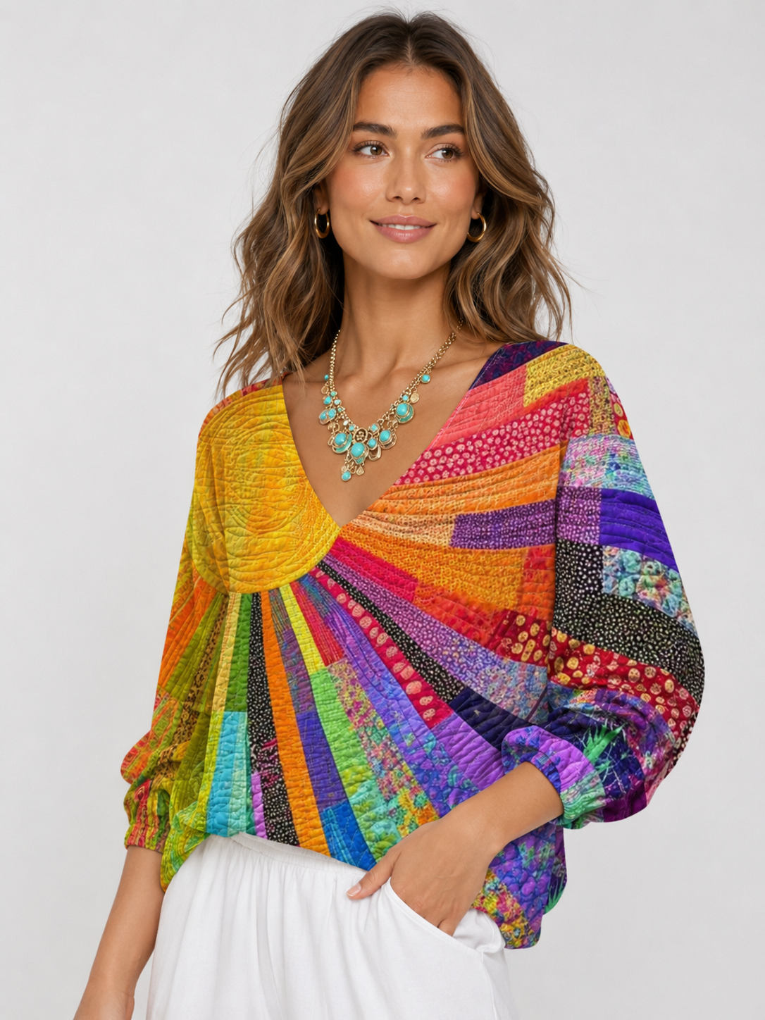 Women's Colorful Patchwork V-Neck Long Sleeve Loose Fit Blouse