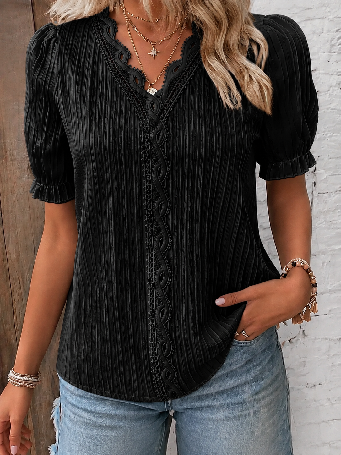 New Style-70%OFF🔥V Neck Plain Lace Elegant Shirt（Buy 2 Free Shipping）