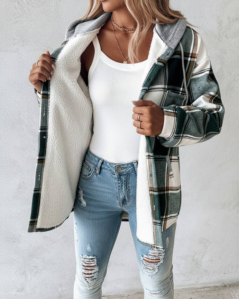 Plaid Pattern Long Sleeve Shacket Button Down Fleece Lined Hooded Jackets Warm Coat