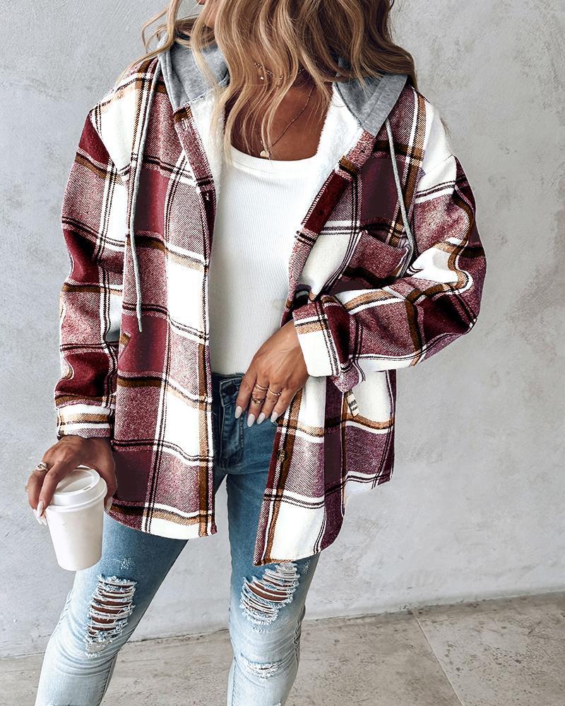 Plaid Pattern Long Sleeve Shacket Button Down Fleece Lined Hooded Jackets Warm Coat
