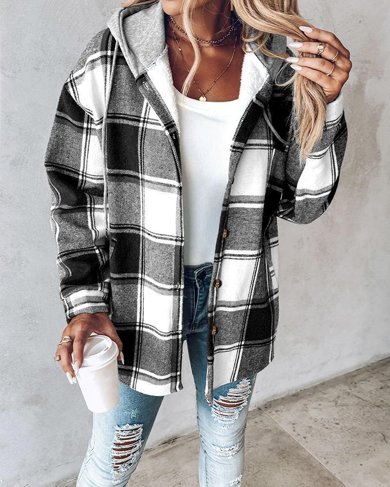 Plaid Pattern Long Sleeve Shacket Button Down Fleece Lined Hooded Jackets Warm Coat