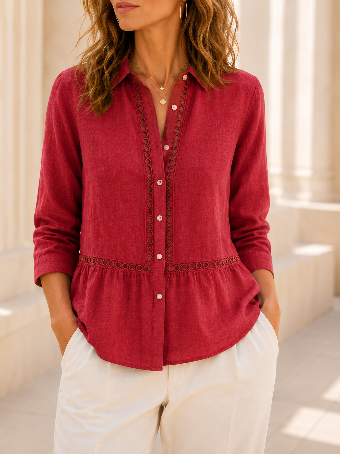 Women's Casual Patchwork Openwork Webbing Linen Shirt
