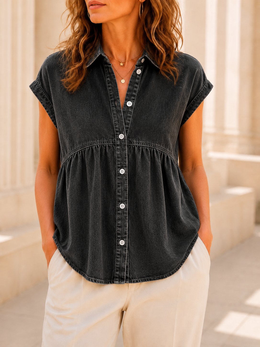 Women's Lapel Short-sleeved Casual Loose Denim Shirt