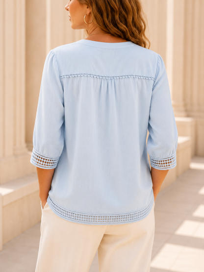 Women's Casual Three-quarter Sleeve V-neck Lace Cotton Linen Cardigan Shirt