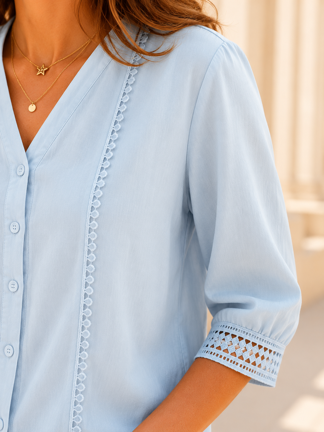 Women's Casual Three-quarter Sleeve V-neck Lace Cotton Linen Cardigan Shirt