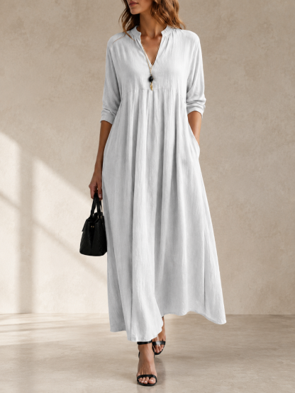 Women’s Split V-Neck Long Sleeve Flowy Maxi Dress with Pockets