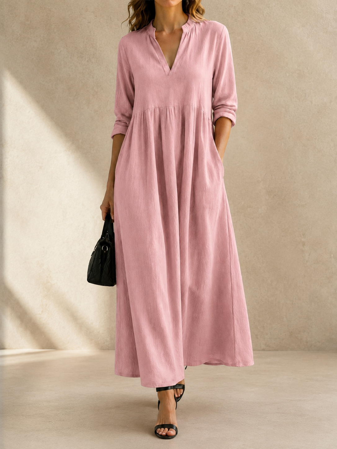 Women’s Split V-Neck Long Sleeve Flowy Maxi Dress with Pockets