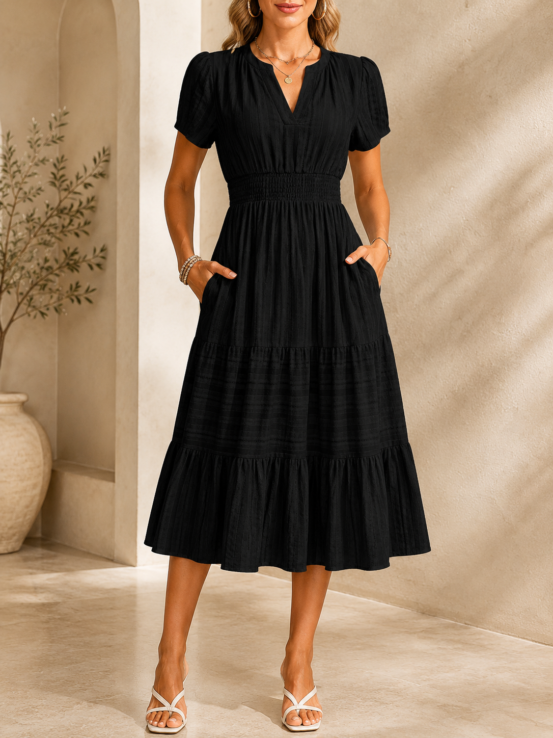 [Copy]Women’s Split V-Neck Long Sleeve Flowy Maxi Dress with Pockets