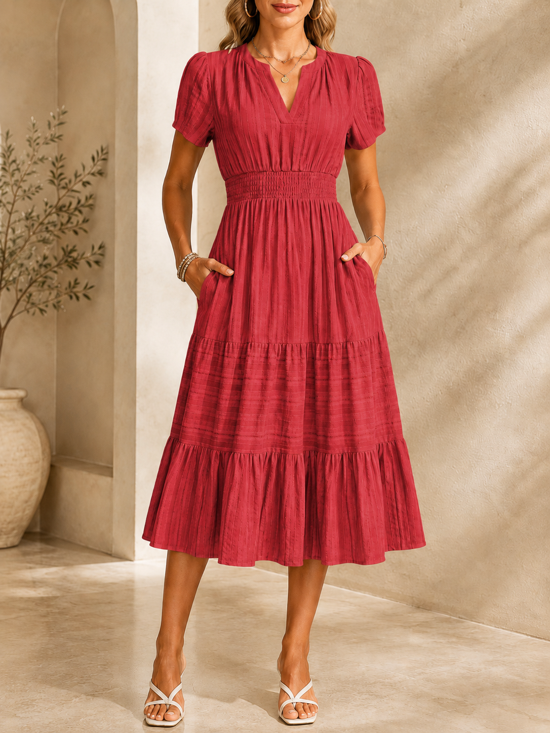 [Copy]Women’s Split V-Neck Long Sleeve Flowy Maxi Dress with Pockets