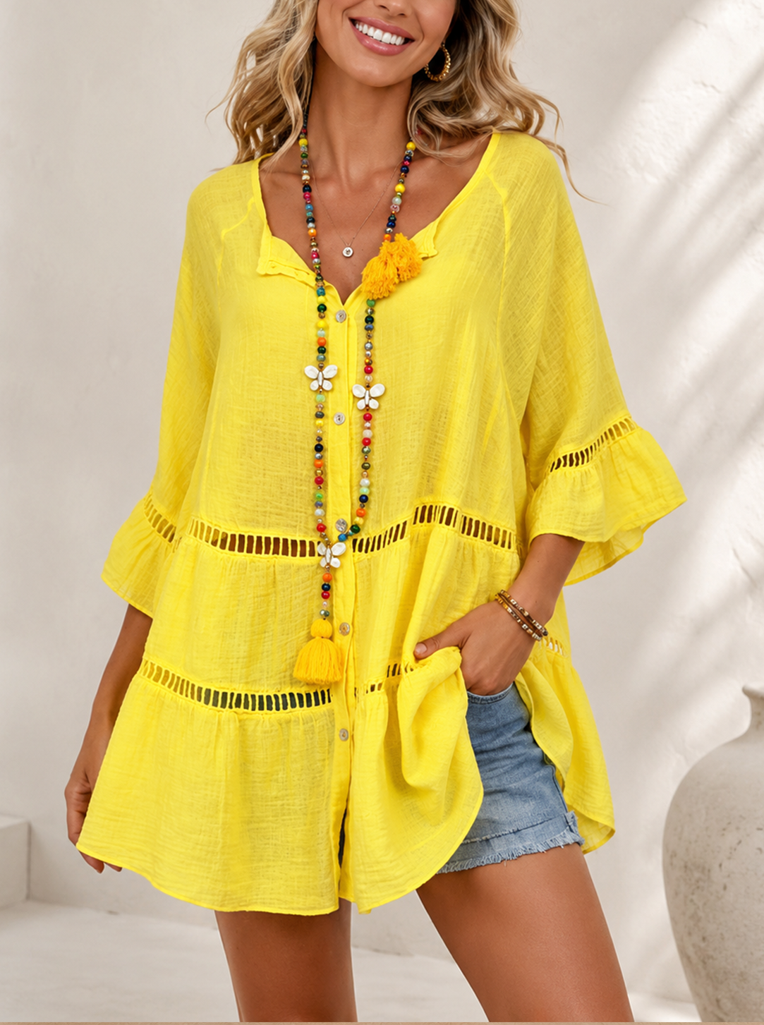 Women’s Lace Hollow Out Bell Sleeve Beach Cover Up Dress