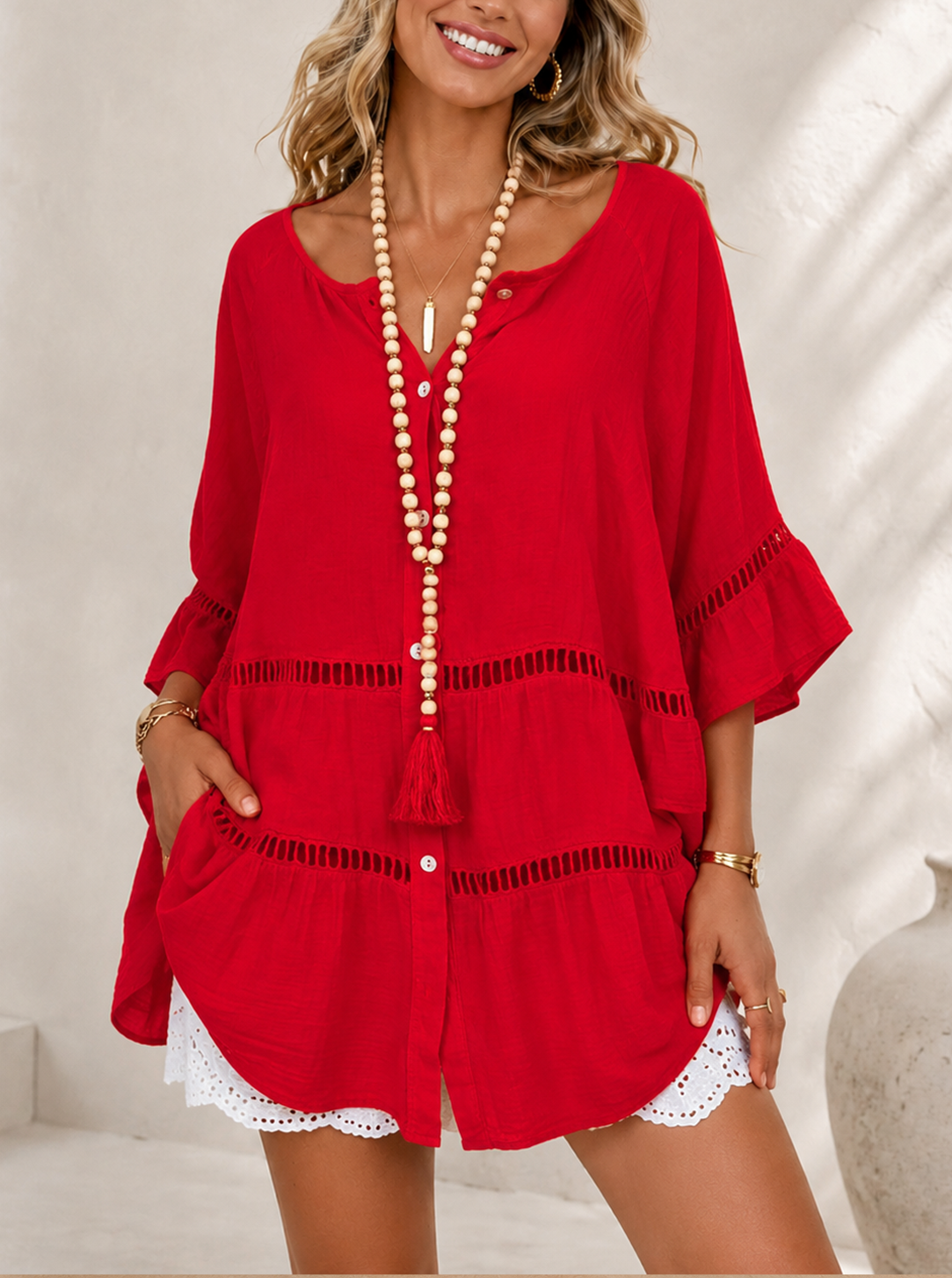 Women’s Lace Hollow Out Bell Sleeve Beach Cover Up Dress