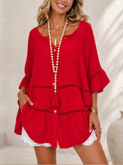 Women’s Lace Hollow Out Bell Sleeve Beach Cover Up Dress