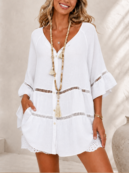 Women’s Lace Hollow Out Bell Sleeve Beach Cover Up Dress
