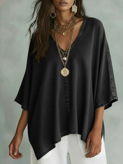 Women’s Relaxed V-Neck Chambray Blouse – Loose Fit & Plus-Size Friendly
