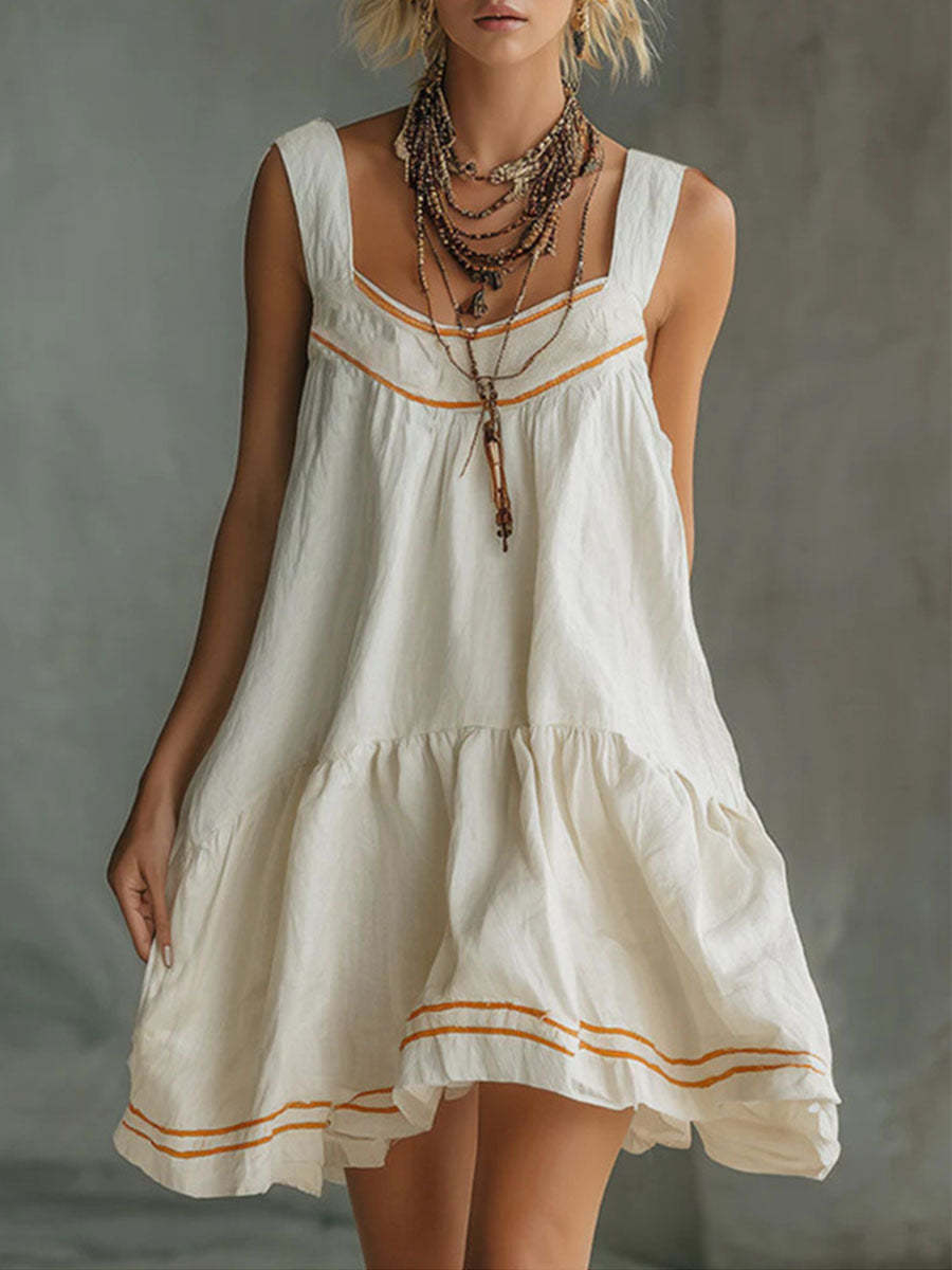 Women's Retro-casual Embossed Off-white Cotton-linen Mini Skirt