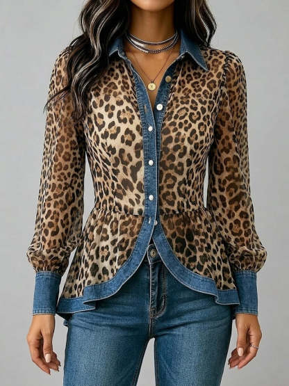 Casual & Stylish Spliced denim And Leopard Print Shirt