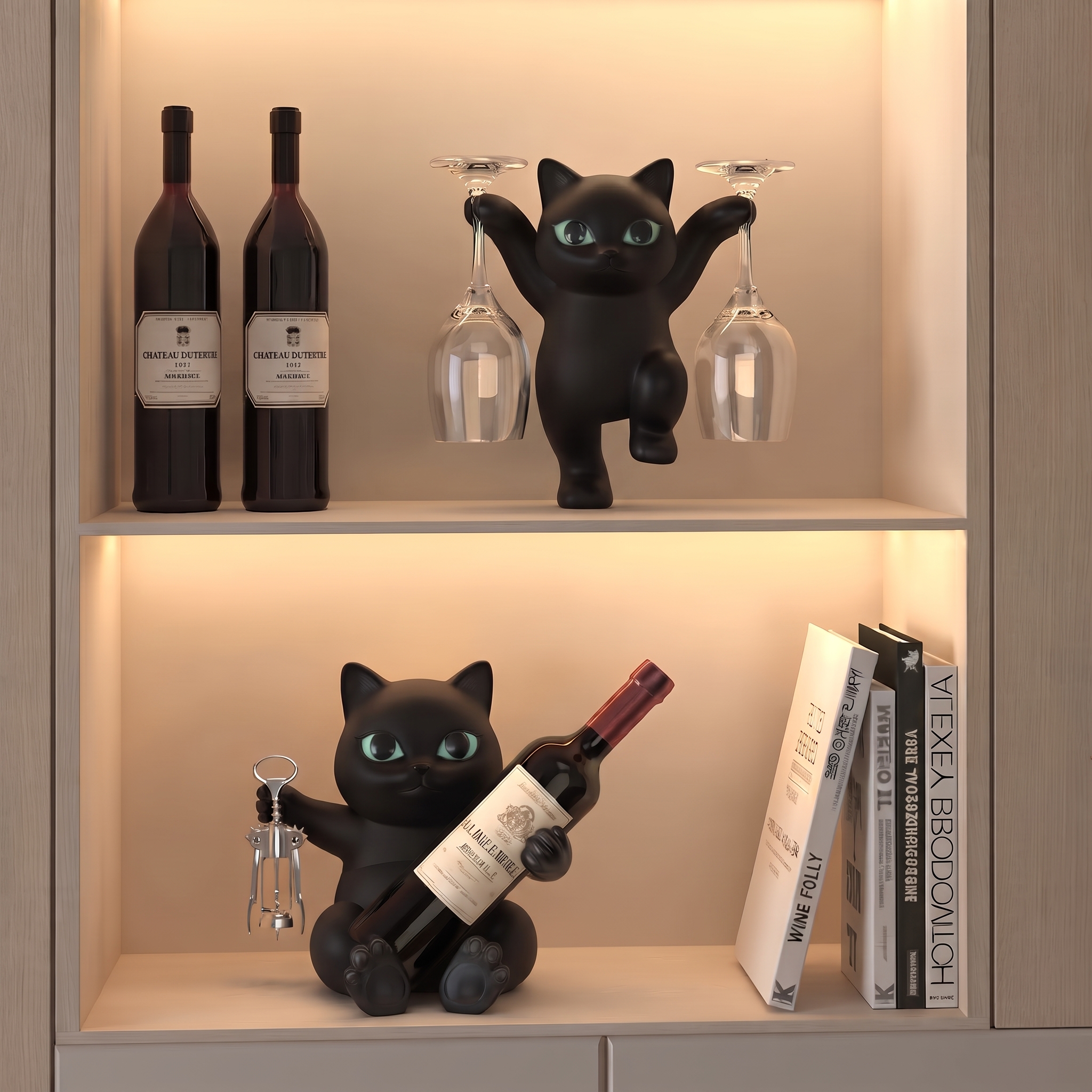 Charming Cat Wine Holder and Glass Rack Set