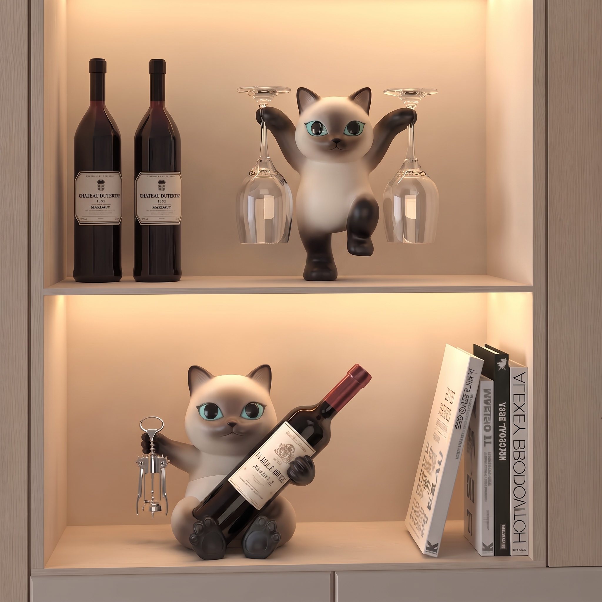 Charming Cat Wine Holder and Glass Rack Set