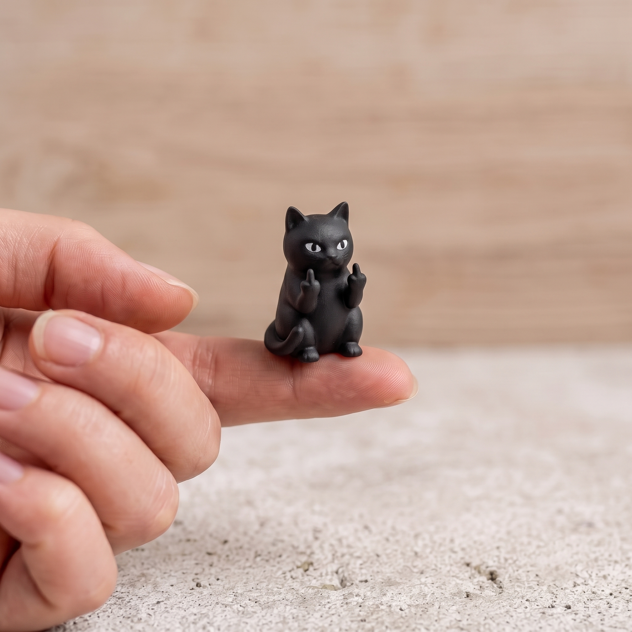 Miniature playful black cat giving the middle finger figurine