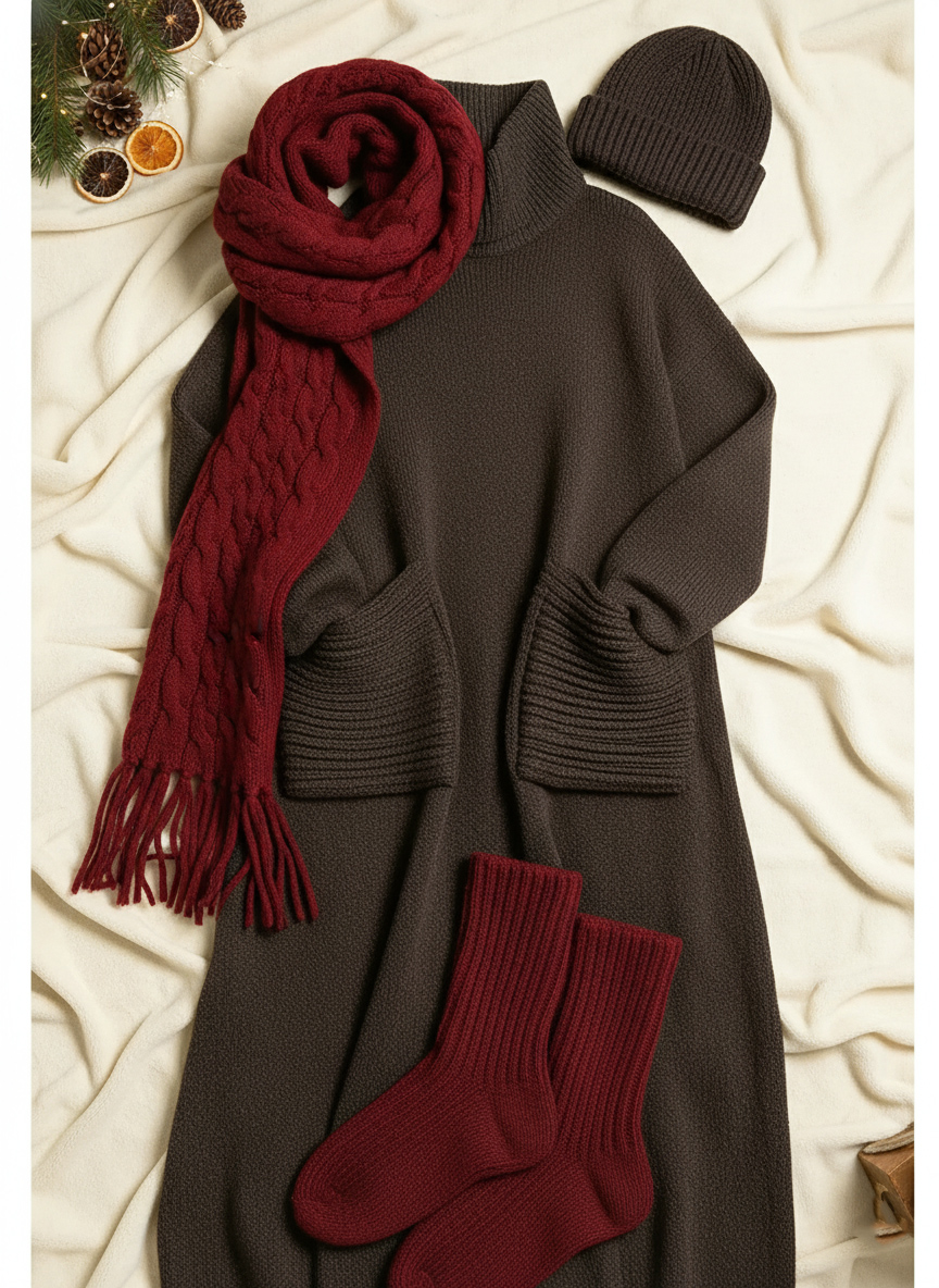 🎄 New Arrivals🔥 Women's Solid Color High-Neck Long-Sleeve Casual Loose Knit Dress
