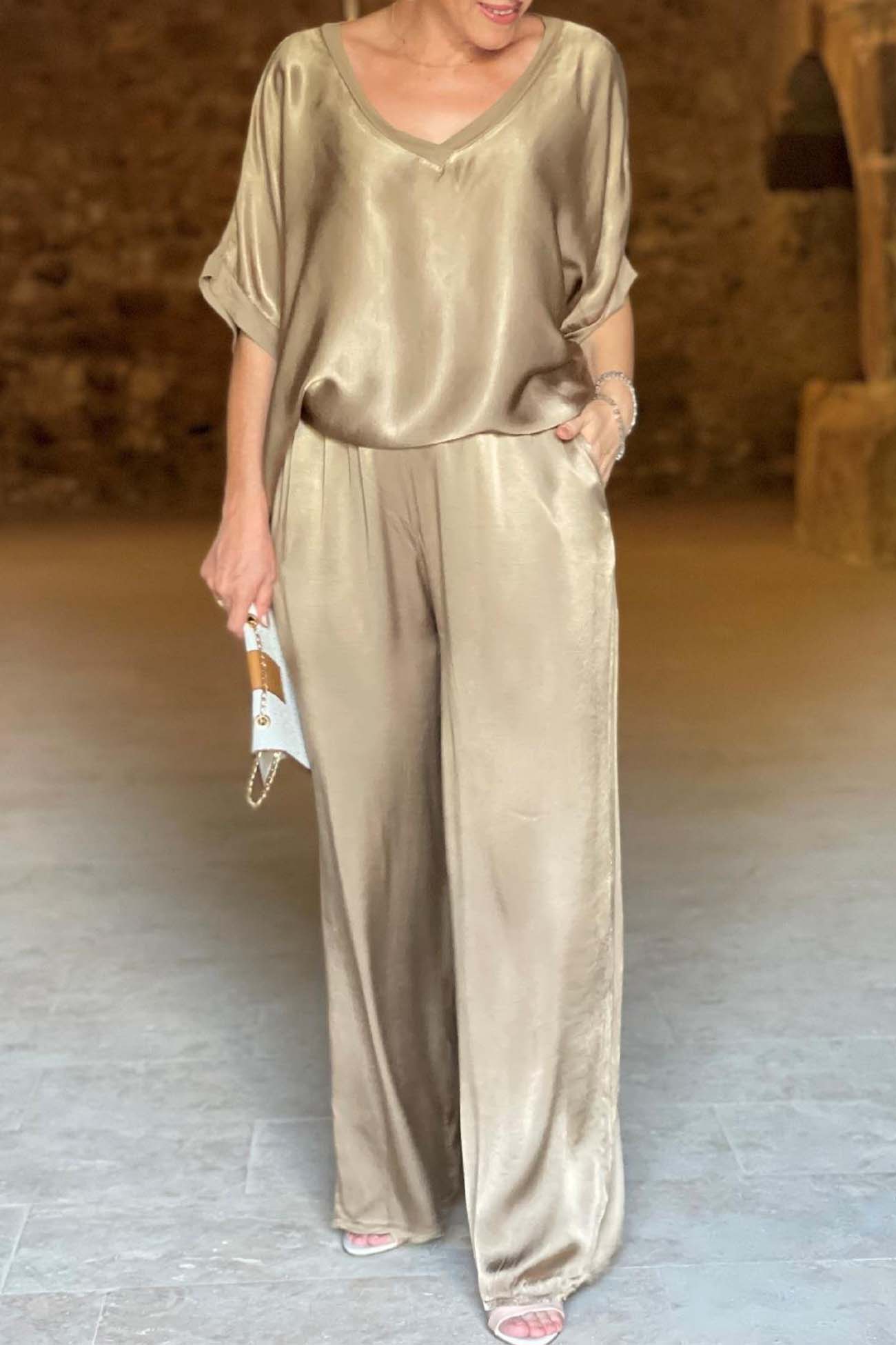 Women's V-Neck Tops Long Pants Set Casual Loose Outfit Summer Homewear Suit