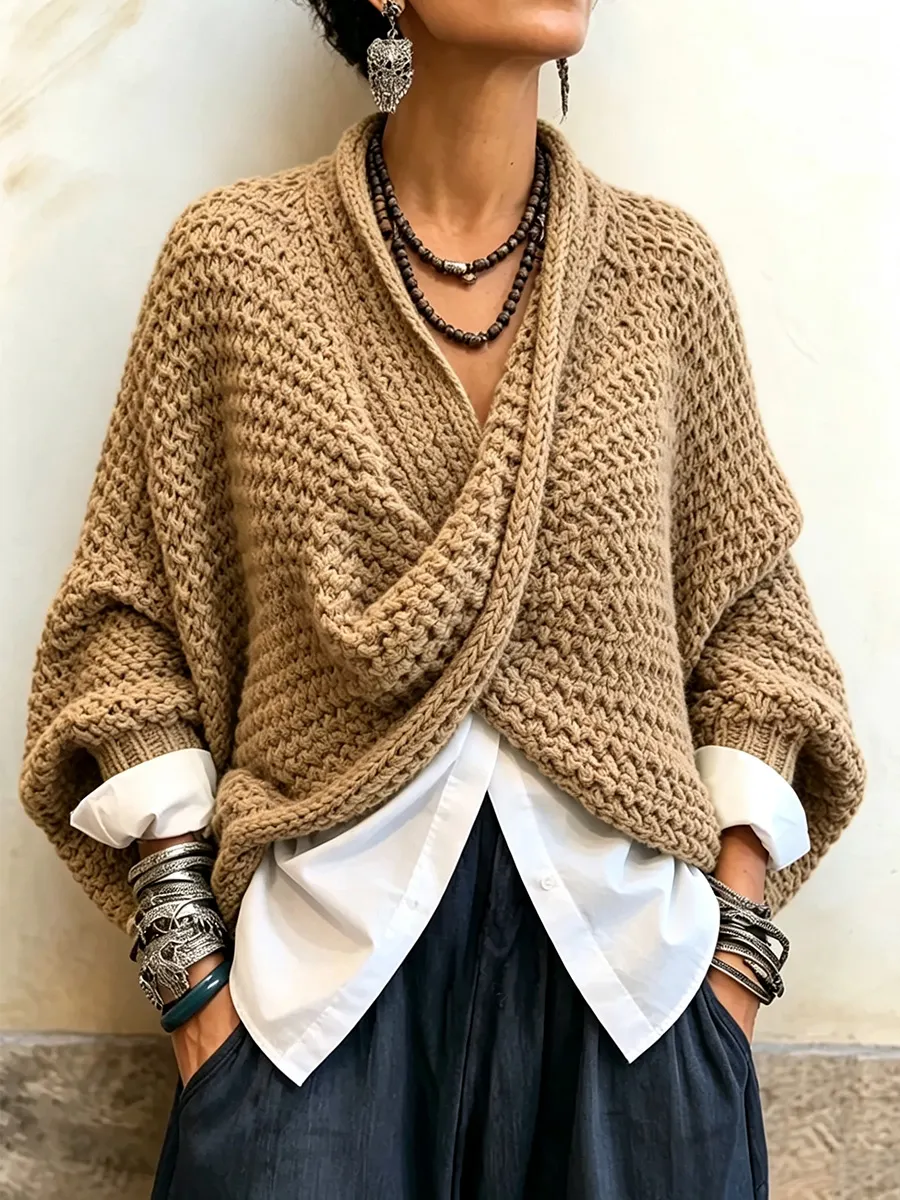 Cozy Relaxed Batwing Sleeves Crossover V-neck Sweater