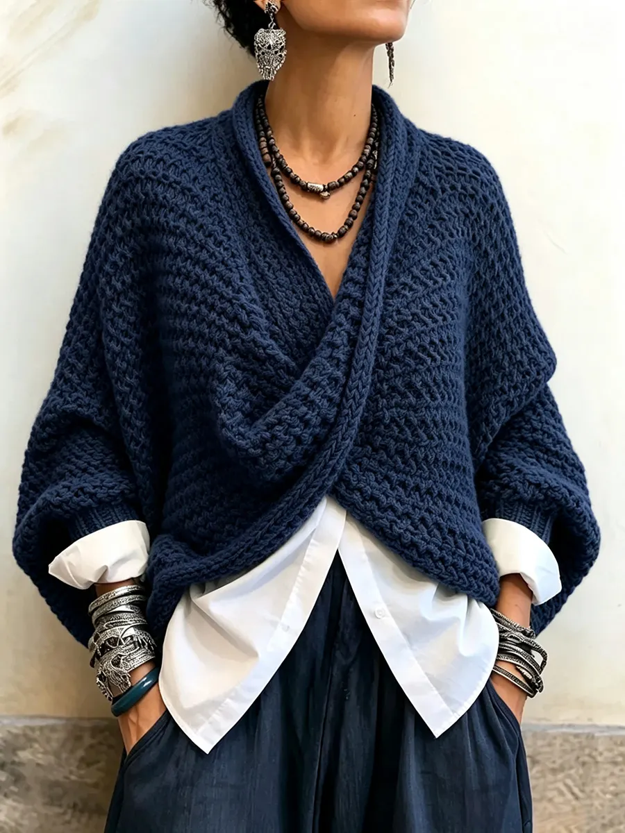 Cozy Relaxed Batwing Sleeves Crossover V-neck Sweater