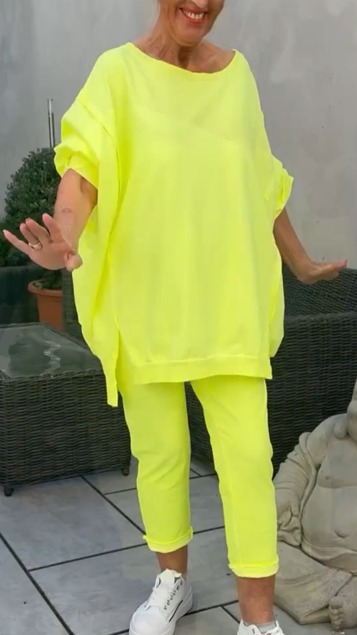 Women's Round Neck Slit Fluorescent Color Casual Suit