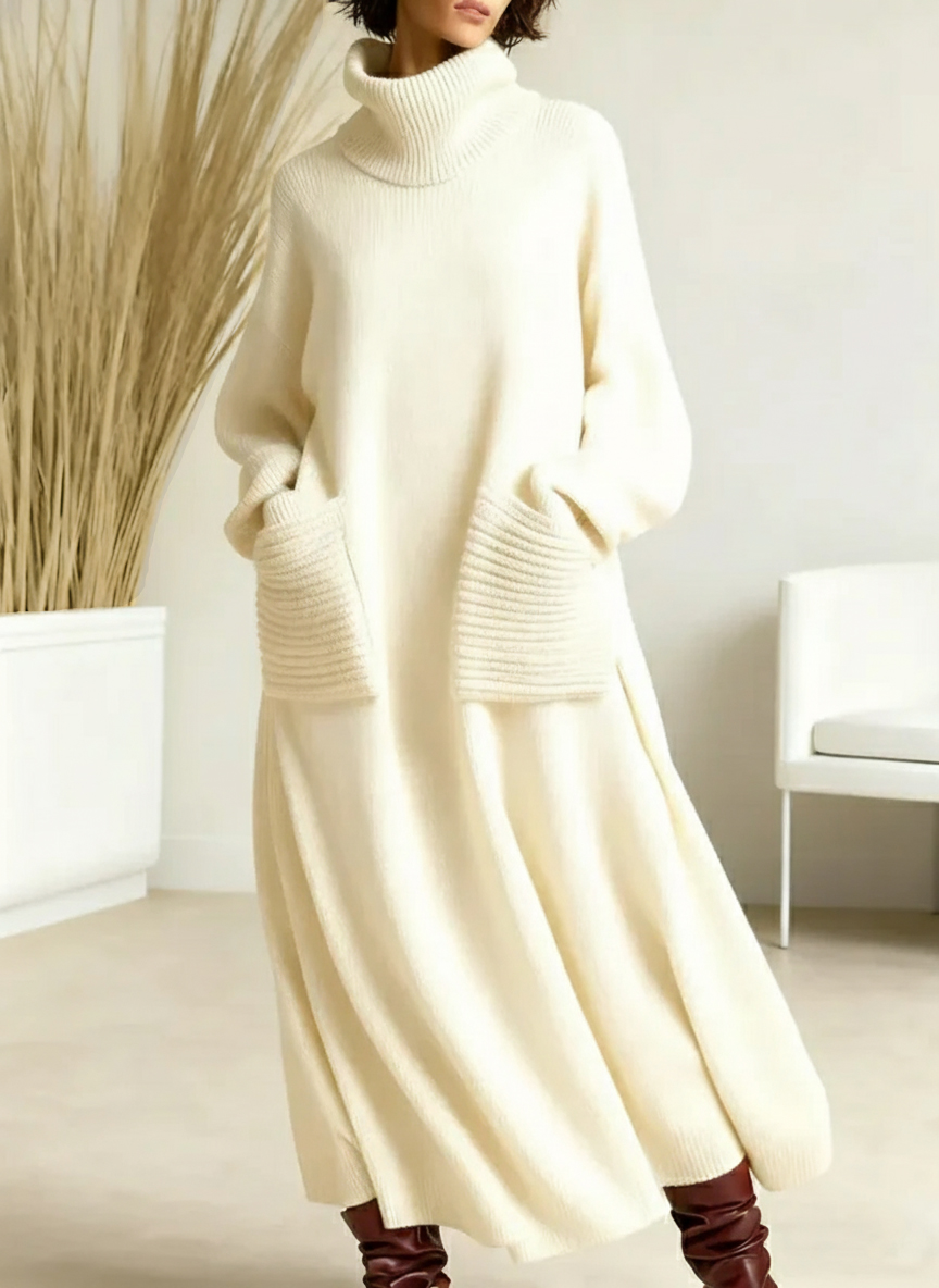 🎄 New Arrivals🔥 Women's Solid Color High-Neck Long-Sleeve Casual Loose Knit Dress