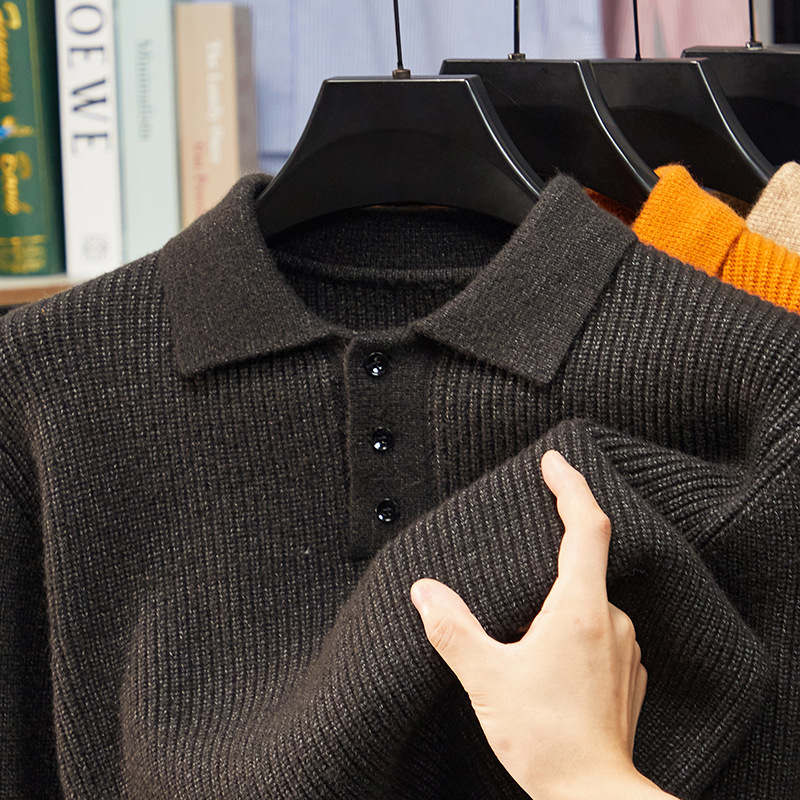 2025 Men's Autumn and Winter Cashmere Ribbed Knit Polo Sweater