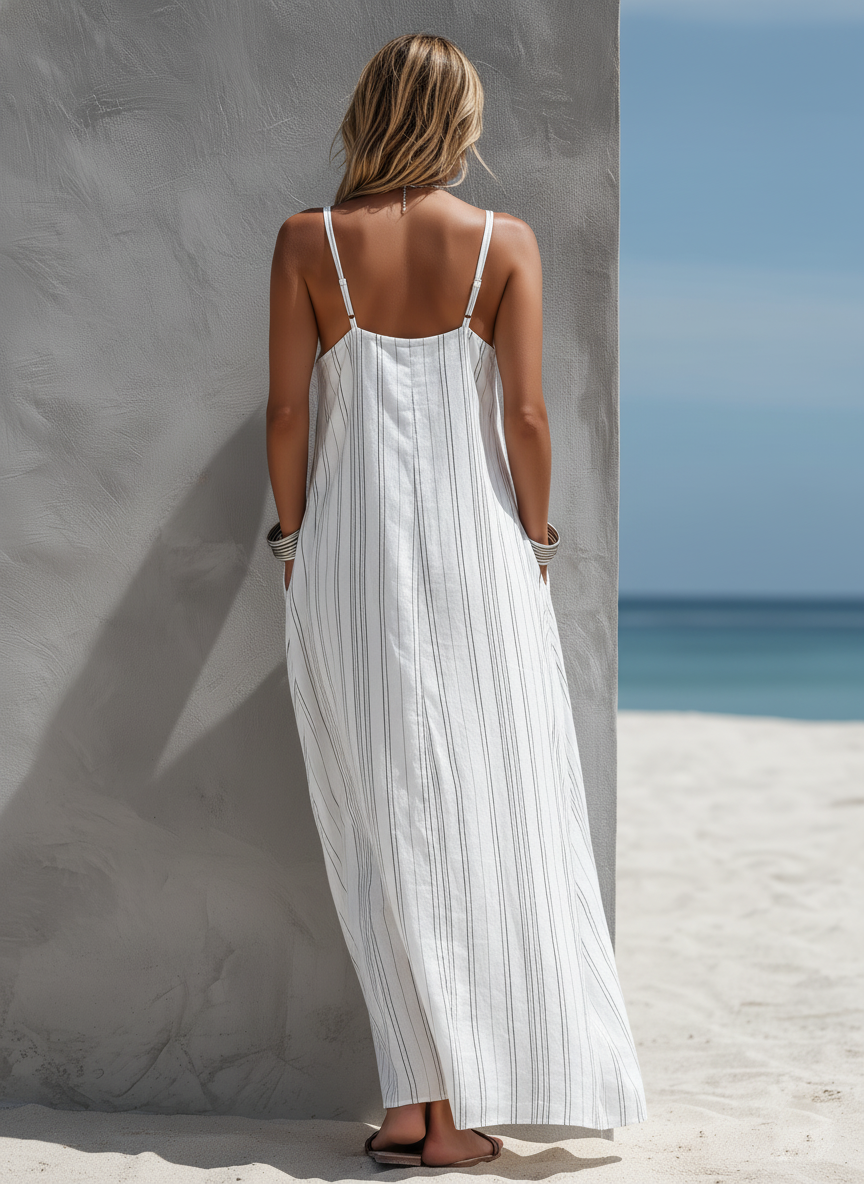 Women's Casual White Vertical Striped Woven Sleeveless Loose Long Dress MDZ0324C9AN