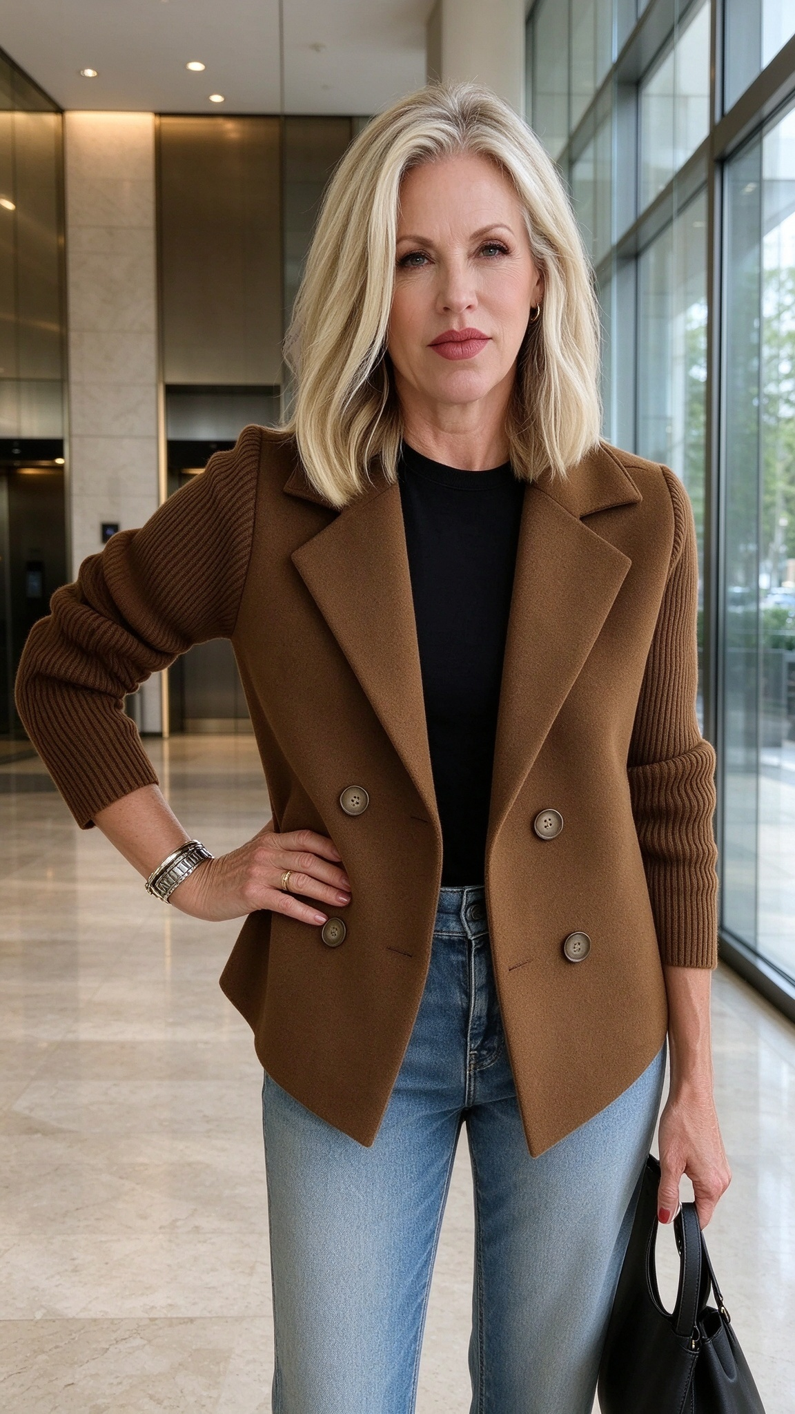 Women's Soft Knit Double-Breasted Blazer – Relaxed Tailored Jacket for Work, Travel, Dinner & Everyday Style