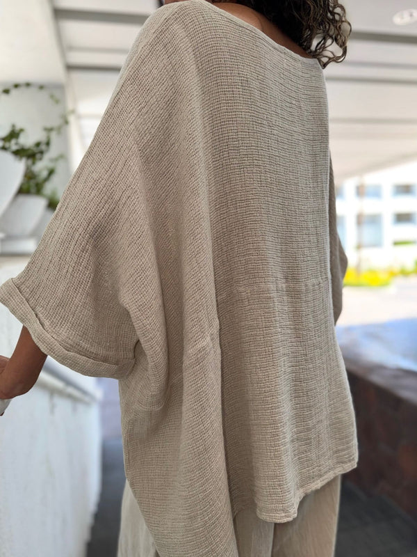 Women's Linen Cotton Blend Oversized Long Sleeve Top & Wide Leg Pants Two Piece Set