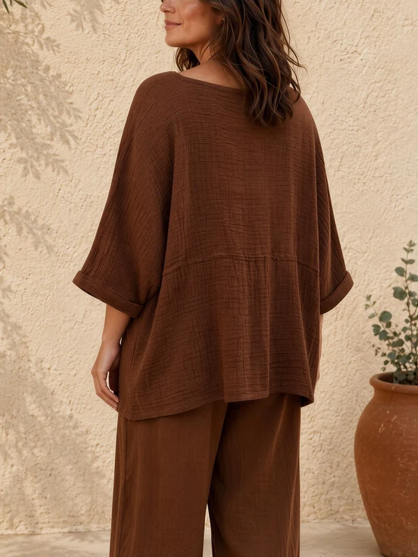 Women's Linen Cotton Blend Oversized Long Sleeve Top & Wide Leg Pants Two Piece Set