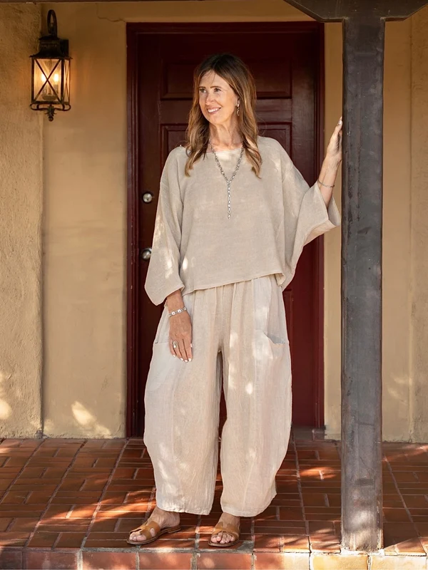 Women's Plum Linen Cotton 3/4 Sleeve Top & Balloon Wide Leg Pants Two Piece Set