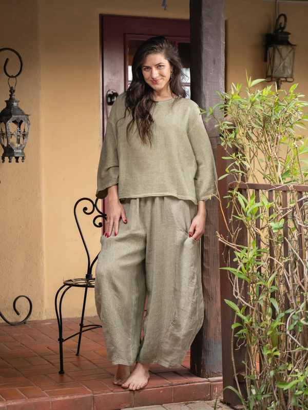 Women's Plum Linen Cotton 3/4 Sleeve Top & Balloon Wide Leg Pants Two Piece Set